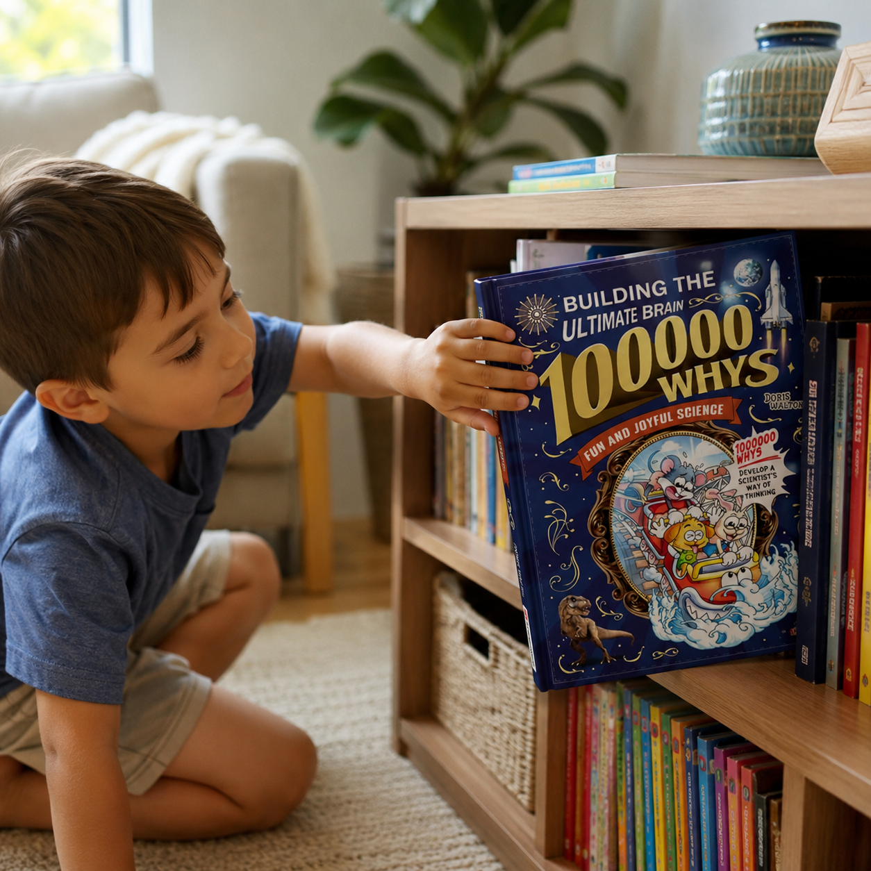 A boy reaching for the 100,000 Whys book on his bookshelf