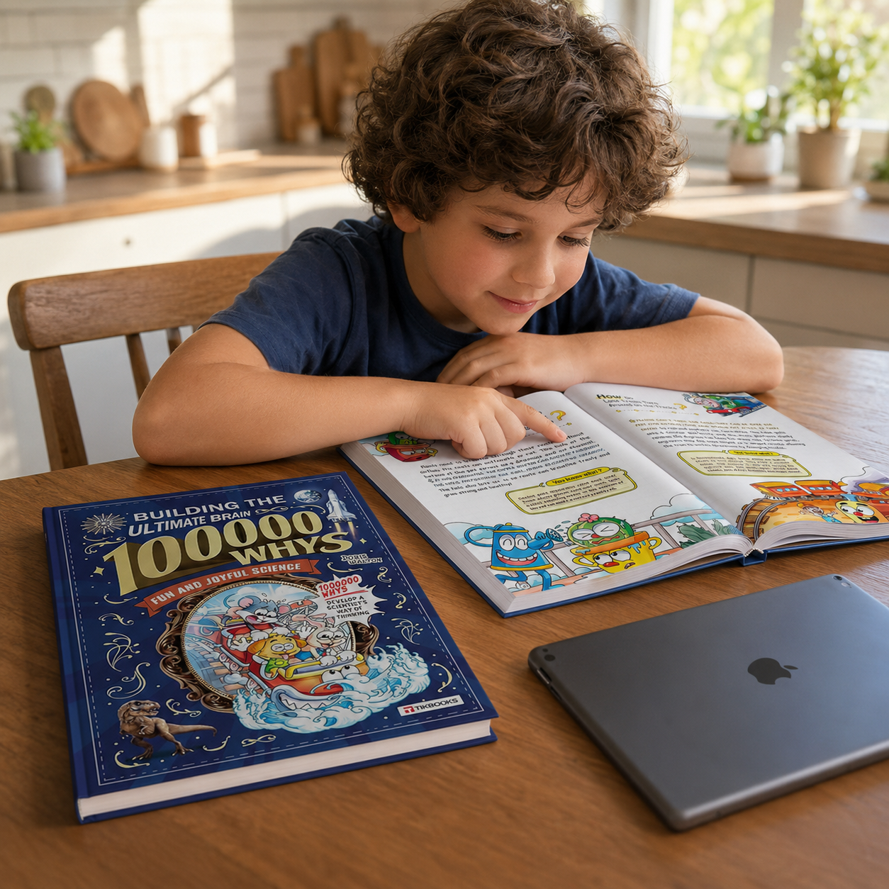 A boy reading the open book with the iPad set aside on the table