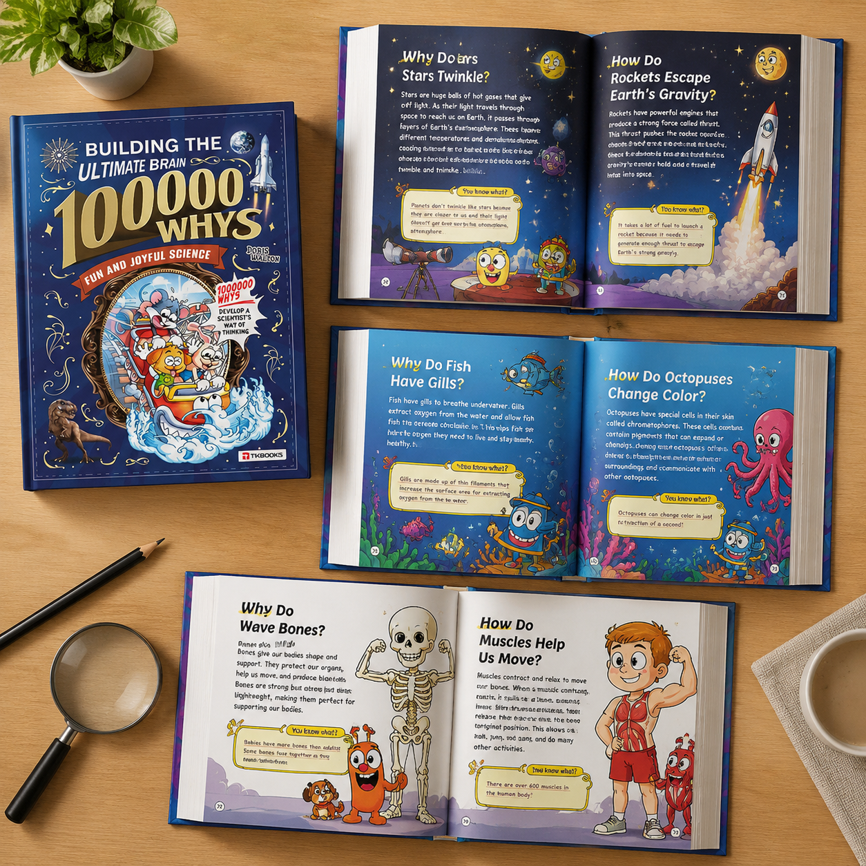 A boy reading the illustrated interior spreads of the book