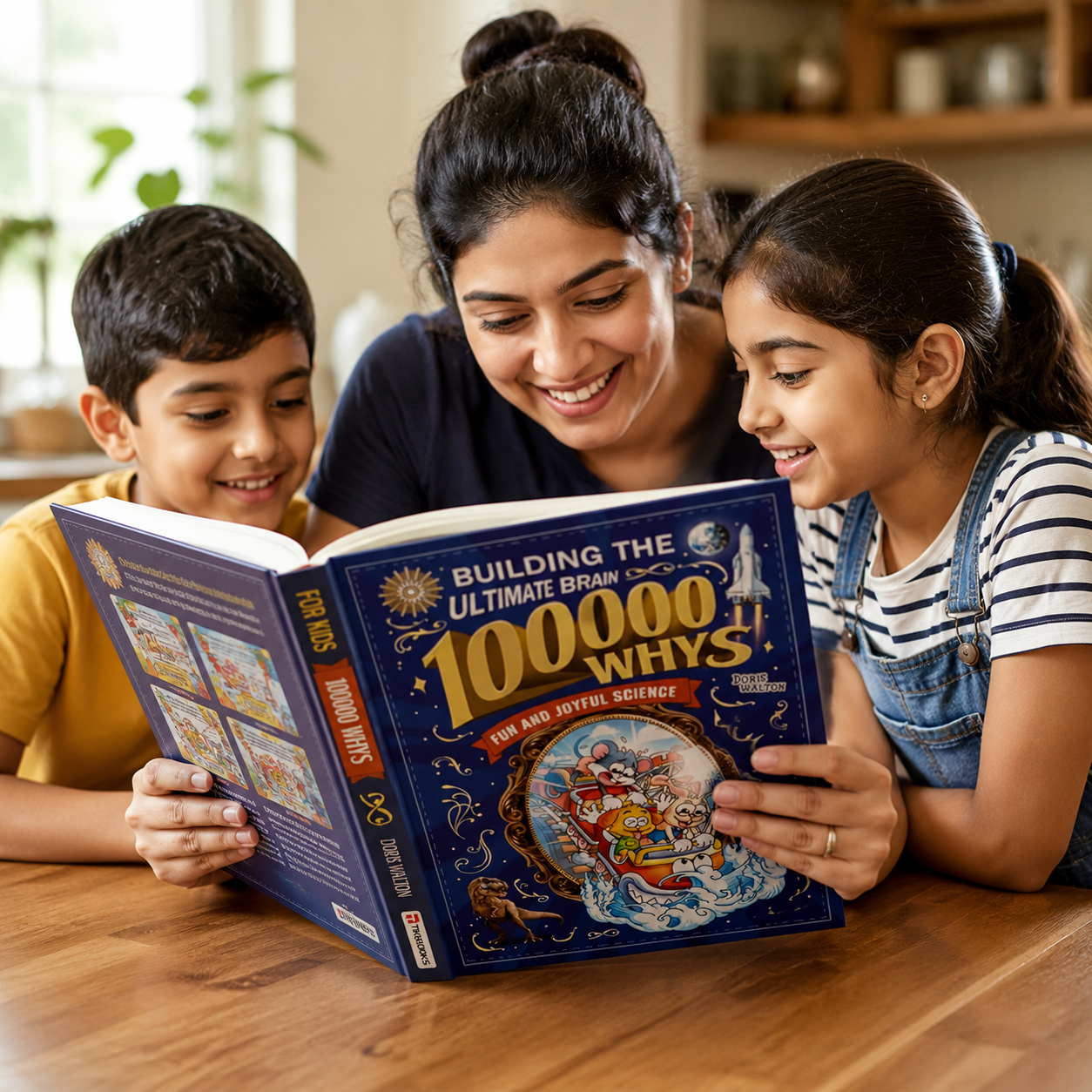 A mom and her two children reading the book together at the table